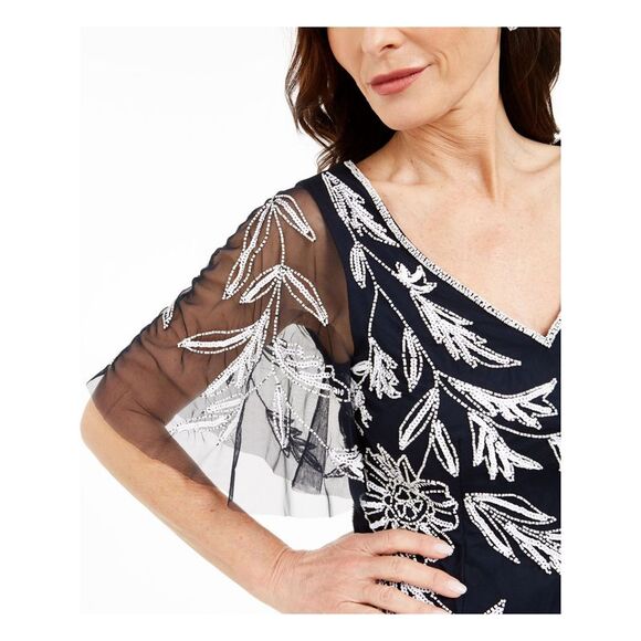 ADRIANNA PAPELL Womens Embellished Mesh Flutter V Neck Blouse - Picture 3 of 3